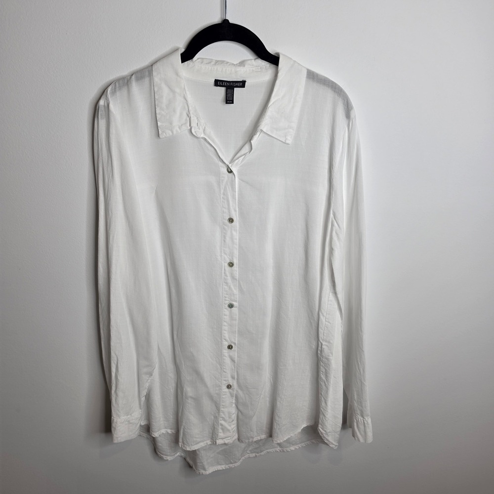 Eileen Fisher Button Down Shirt Womens Medium White Tencel Lyocell Long Sleeve